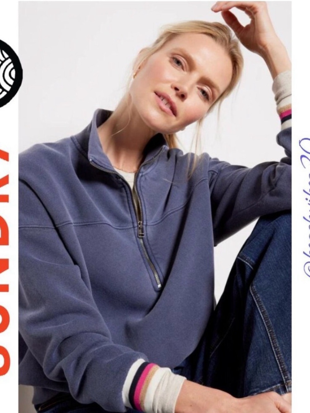 Sundry Sunwashed Blue Quarter-Zip Sweatshirt with Striped Cuffs